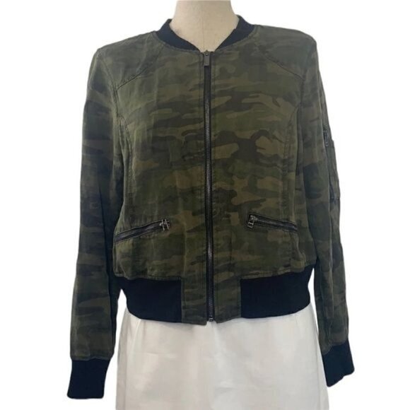 Sanctuary Camo Denim Bomber Jacket - Green/Brown/Black Cotton, Size Small - Picture 1 of 11